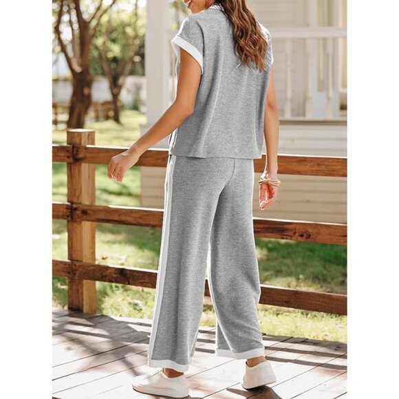 NEW SHEWIN Set - Cap Sleeve Knit Sweater Top with Pocket Wide Leg Pant - Grey - Picture 4 of 7